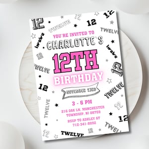 Invitación de doce cumpleaños, invitación de doce cumpleaños, plantilla de invitación de cumpleaños moderna, imprimible y editable, tarjeta de fiesta en blanco, negro y rosa