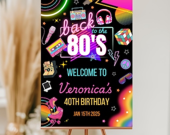 May include: A black sign with neon graphics and the text "back to the 80's". The sign welcomes guests to Veronica's 40th birthday on January 15th, 2025. The design includes a boombox, cassette tape, and roller skates.