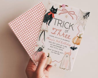 Editable Trick or Three Halloween 3rd Girl Birthday Invitation, Spooky Hand Drawn Retro Pink Bow Pumpkin Invite, Boo Day, Canva Template