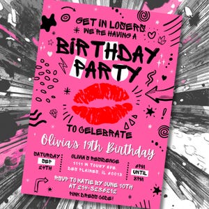 Editable Hot Pink Birthday Invitation, Girl Teenager Party, Sleepover Mean Tween Birthday Night, Burn Book, Get In Losers, Digital Canva