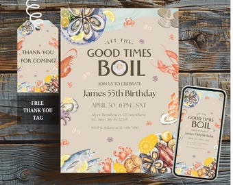 Editable Seafood Boil Birthday Invitation, Let The Good Times Boil Invite, Crab Crawfish Lobster, Digital Download, Canva Template