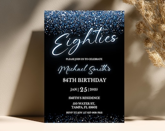 Editable 80th Birthday Invitation, Eighties Neon Blue Man Woman Party, Minimalist Adult Invite, Canva Template