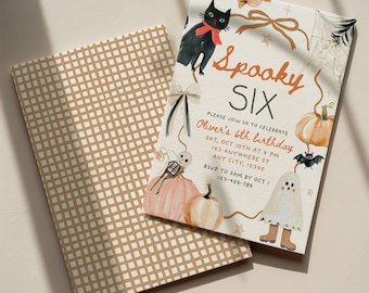 Editable Spooky Six Halloween 6th Birthday Invitation, Vintage Hand Drawn Orange Pumpkin Invite, Boo Day, Canva Template