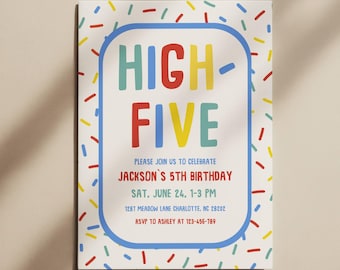 Colorful Confetti High Five 5th Birthday Invitation, Bright Hand Drawn Party, Editable Canva Template CONF1