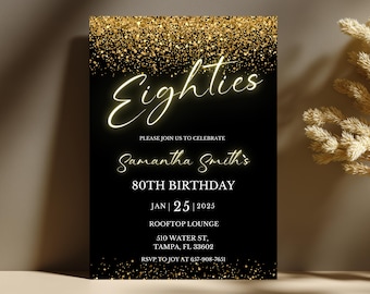 Editable 80th Birthday Invitation, Neon Gold Minimalist Eighties Women Golden Glitter Party Invite, Digital Canva Template