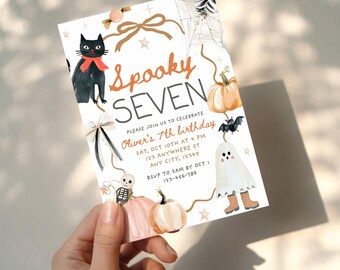 Editable Spooky Seven Halloween 7th Birthday Invitation, Vintage Hand Drawn Orange Pumpkin Invite, Boo Day, Canva Template