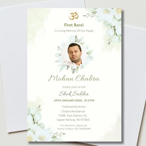 May include: A white invitation card with floral accents and the text "First Barsi" and "In Loving Memory Of Our Papaji". The card includes a photo of a man and details for a "Shok Sabha" event on January 29th, 2026.