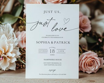 Minimalist Small Wedding Invitation Suite Template, Just Us Love, Modern Elegant Elopement Engagement Party RSVP, Canva Download