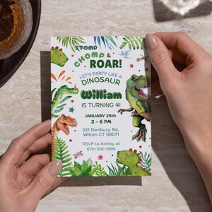 Editable Dinosaur Birthday Invitation, Dino Invite, Stomp Chomp Roar Jurassic Party, T-Rex Birthday, Digital image 8