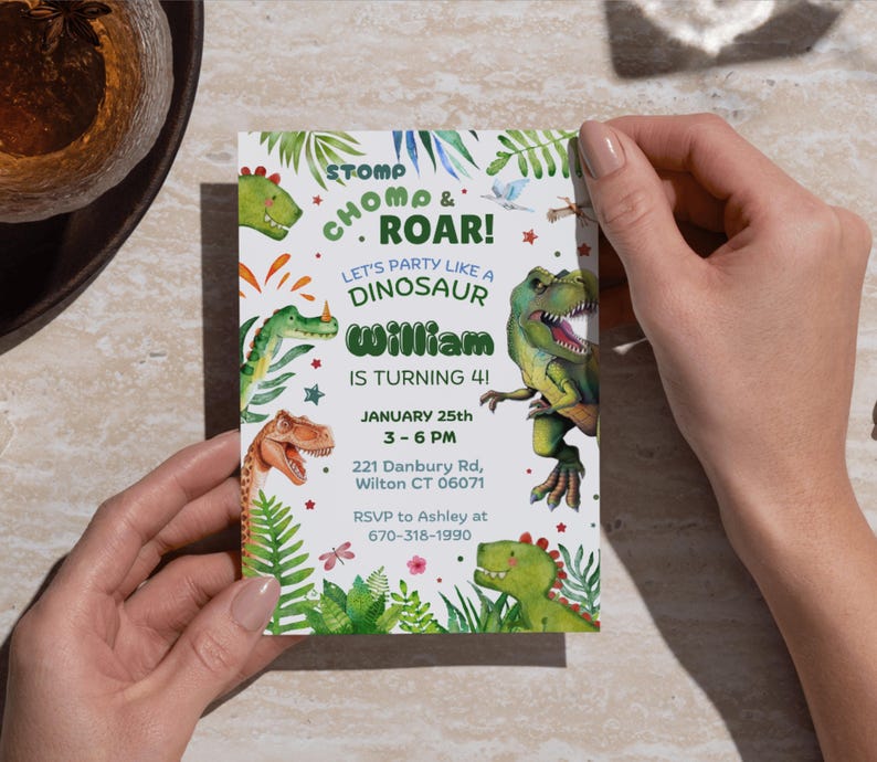 Editable Dinosaur Birthday Invitation, Dino Invite, Stomp Chomp Roar Jurassic Party, T-Rex Birthday, Digital image 8