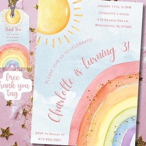 Rainbow Birthday Invitation, Girl Watercolor Invite, Pastel Magic Rainbow Party, Colorful Printable Digital Download image 1