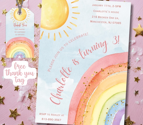 Rainbow Birthday Invitation, Girl Watercolor Invite, Pastel Magic Rainbow Party, Colorful Printable Digital Download