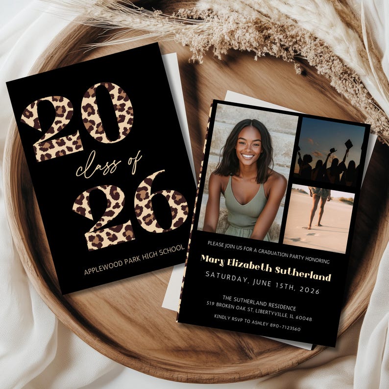 Leopard Graduation Invitations Leopard Print Graduation Invitation Template, Modern Grad Party Photo ...