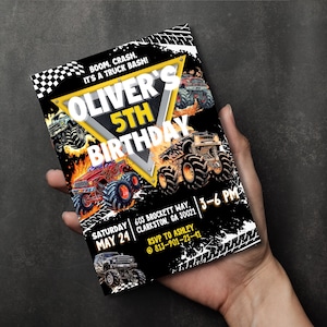 Monster Truck Birthday Invitation, Editable Cars Trucks Invite Template, Car Themed Boy Party, Grave Digger, Digital Download Canva Template