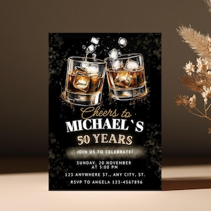Invitación de cumpleaños editable con whisky, invitación de cumpleaños para adultos, coñac, 50.º cumpleaños, imprimible.