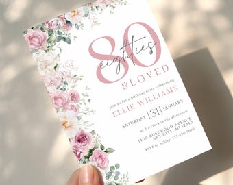 Editable 80th Birthday Invitation, Elegant Modern Blush Pink Garden Flowers, Floral Eighties Party, Digital Canva Download