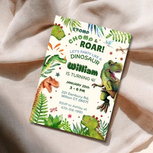 Editable Dinosaur Birthday Invitation, Dino Invite, Stomp Chomp Roar Jurassic Party, T-Rex Birthday, Digital image 2