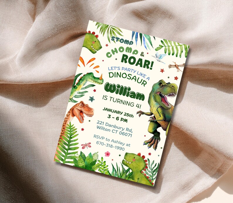 Editable Dinosaur Birthday Invitation, Dino Invite, Stomp Chomp Roar Jurassic Party, T-Rex Birthday, Digital image 2