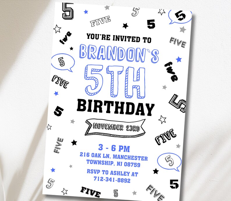 Editable 5th Blue Birthday Invitation, Five Colorful Numbers Invite ...