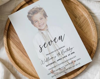 Editable 7th Birthday Photo Invitation, Minimalist Seventh Invite, Modern 7 Party Card, Digital Download, Canva Template