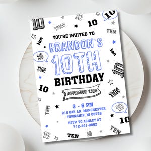 Bearbeitbare Einladung zum 10. Geburtstag, Zehn Geburtstag einladen, 10 moderne Geburtstagseinladungsvorlage, druckbar bearbeitbar, schwarz weiß blau Party