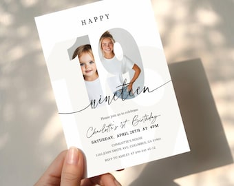 Minimalist Editable 19th Birthday Photo Invitation, Nineteen Invite, Happy 19 Party Template, Digital Canva