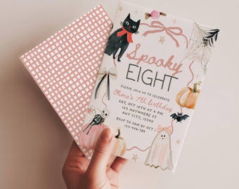 Invito di compleanno per bambina di 8 anni a tema Halloween, modificabile, con fiocco arancione e rosa e zucca, stile vintage, disegnato a mano, Boo Day, modello Canva.