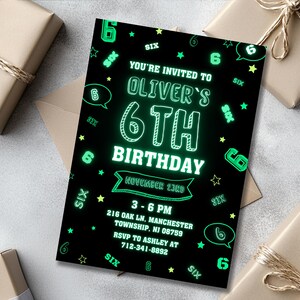 Neon Green 6th Birthday Invitation Template, Six Birthday, 6th Birthday Invite, Printable Lets Glow Crazy, Glow in the dark, Glow Party