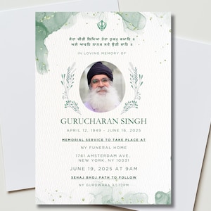 May include: A memorial card with a portrait of a man with a white beard and a black turban. The card has a watercolor design in shades of green and gold. Text includes the name "GURUCHARAN SINGH" and memorial service details.