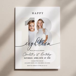Minimalist 18th Birthday Photo Invitation, Editable Eighteen Invite, Happy 18 Party Template, Digital Canva