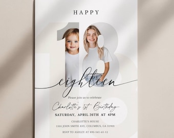 Invitación minimalista con foto para 18 cumpleaños, plantilla editable para fiesta de 18 años, Canva digital