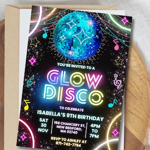 Bearbeitbare Glow Disco Geburtstagseinladung, Disco Gender Neutral Invite, Dance Party Vorlage, Lets Glow Crazy, Glow in the dark