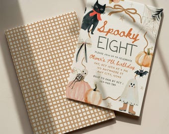 Editable Spooky Eight Halloween 8th Birthday Invitation, Vintage Hand Drawn Orange Pumpkin Invite, Bow Boo Day, Canva Template