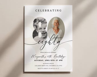 Minimalist Editable 80th Birthday Photo Invitation, Eighty Invite, 80 Party Template, Digital Download, Canva