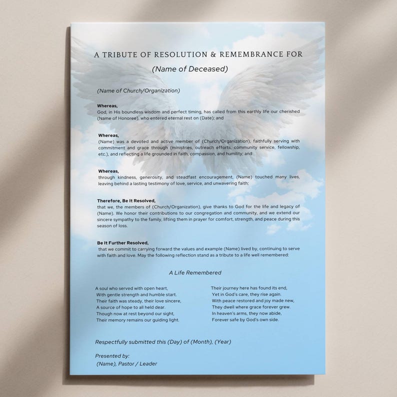 Funeral Resolution Template.pdf Editable Funeral Resolution Letter, Church Grievance Tribute Honor ...