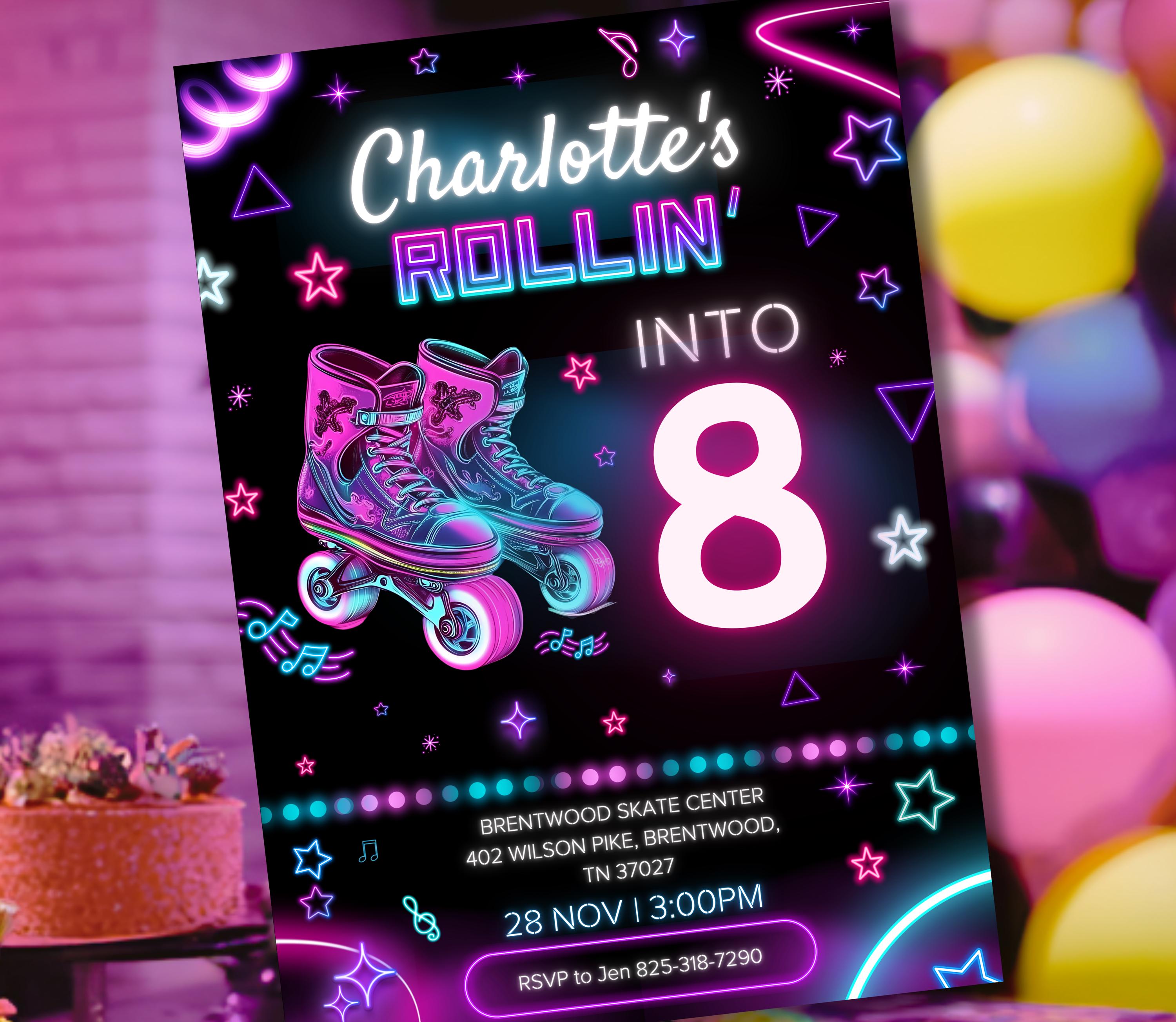 13ページ① 編集可能なネオンローラースケートの誕生日招待状、光る音楽ダンス