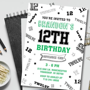 Invitación editable para 12.º cumpleaños, fiesta de doce números, fiesta de cómics en blanco, negro y verde, descarga instantánea, plantilla de Canva