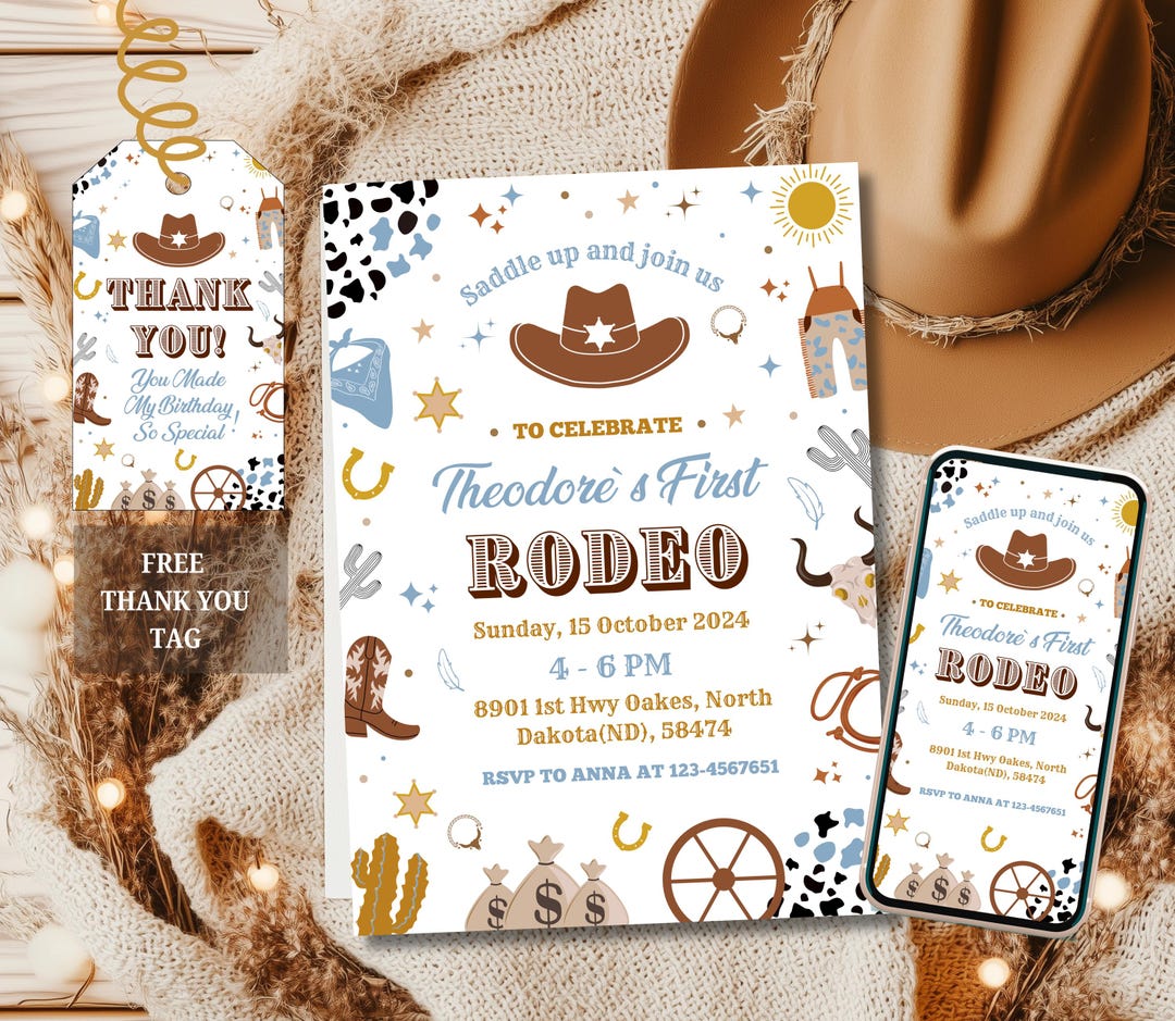 Editable Cowboy Birthday Invitation, First Rodeo Party Boy, Wild West ...