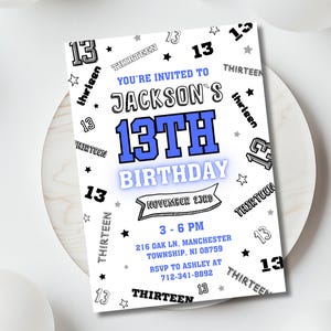 Faire-part de 13 ans, 13e anniversaire, modèle d'invitation d'anniversaire moderne, imprimable modifiable, noir blanc bleu Teen Party