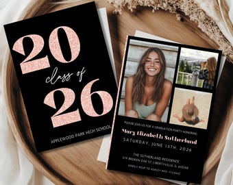 Invitación de graduación rosa brillante, anuncio fotográfico de fiesta de graduación en tonos pastel, promoción de 2026