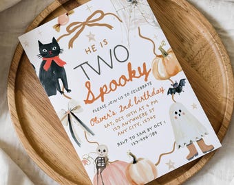 Editable Two Spooky Halloween 2nd Birthday Invitation, Hand Drawn Retro Orange Pumpkin Invite, Boo Day, Digital Canva Template