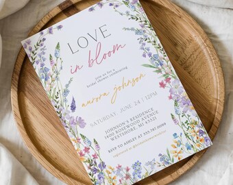 Editable Wildflower Bridal Shower Invitation, Watercolor Love in Bloom Invite, Elegant Spring Party, Floral Bride Brunch, Canva Template