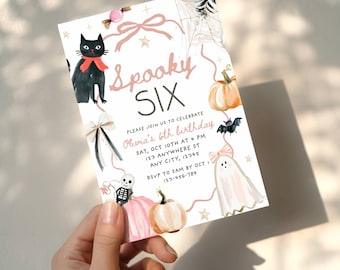 Invito di compleanno per bambina a tema Halloween "Spooky Six" modificabile, con zucca arancione disegnata a mano in stile vintage, "Boo Day", modello Canva.