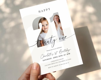 Minimalist 21st Birthday Photo Invitation, Editable Twenty First Invite, 21 Party Template, Digital Canva