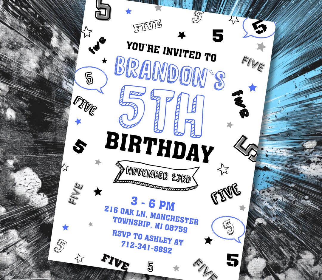 Editable 5th Blue Birthday Invitation, Five Colorful Numbers Invite ...