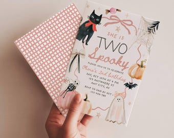 Editable Two Spooky Halloween 2nd Girl Birthday Invitation, Hand Drawn Retro Pink Bow Pumpkin Invite, Boo Day, Digital Canva Template