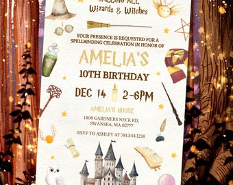 Editable Wizard Birthday Invitation, Magic Witches School Of Wizardry Whimsical Party, Magic Wand