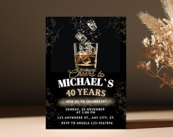 Editable Whiskey Adult Birthday Dinner Invitation, 30th 40th 50th Any Age Men Invite, Cognac Scotch Bourbon Party, Digital Canva Template