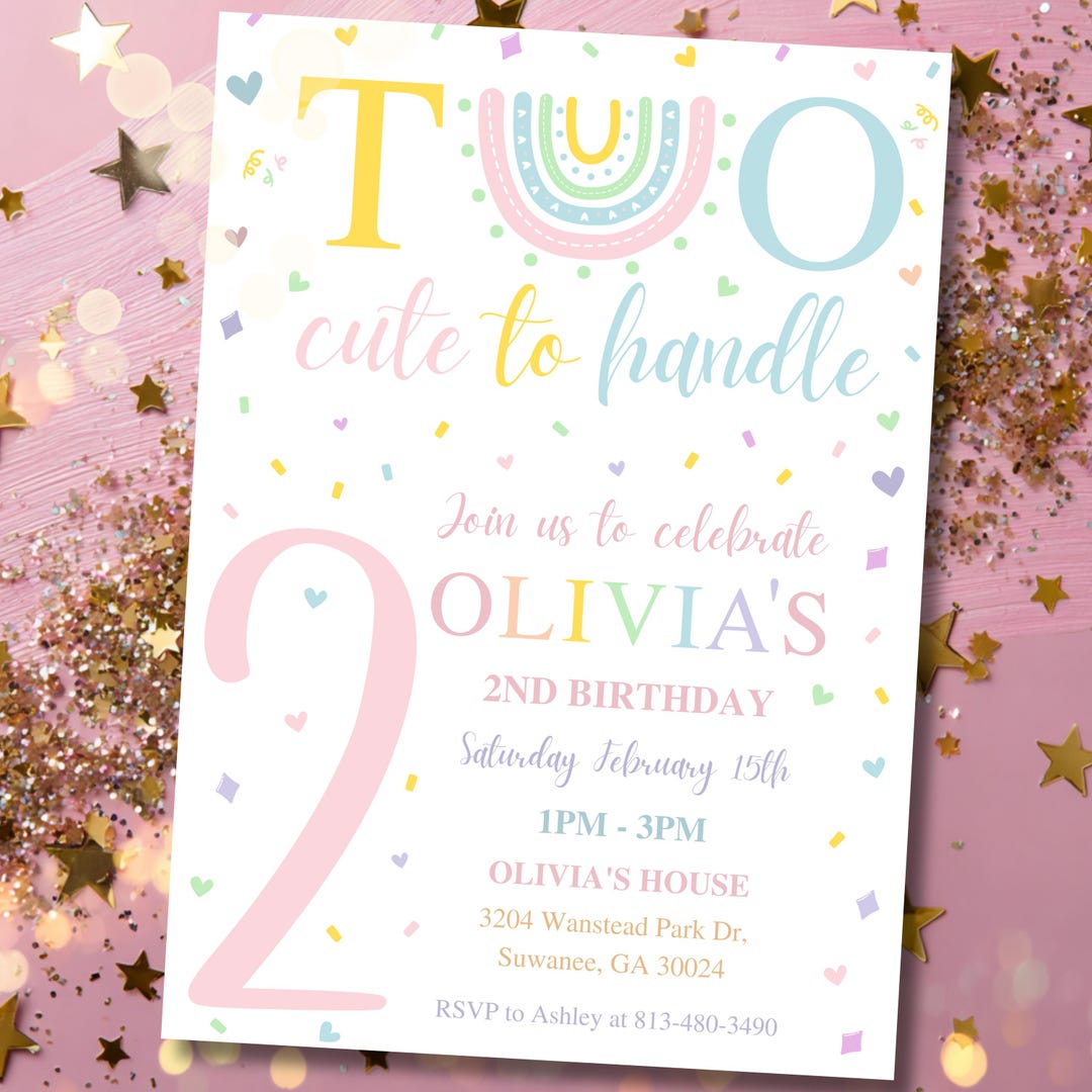 Editable 2nd Rainbow Birthday Girl Invitation, Two Cute to Handle ...