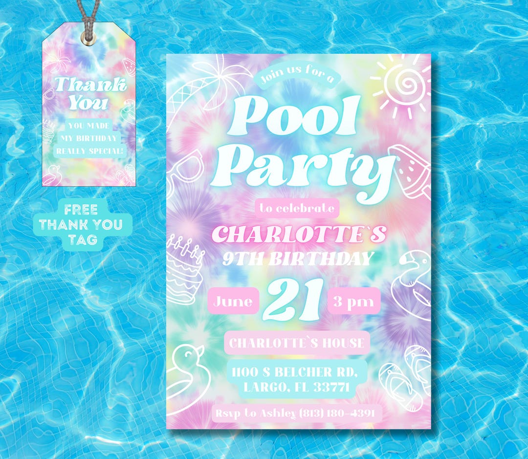 Editable Pool Party Birthday Invitation, Summer Birthday Tie Dye Party ...